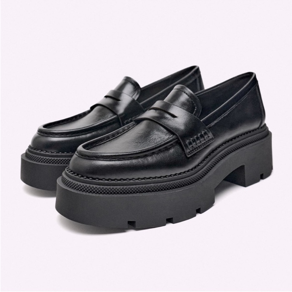 BRAND NEW Black Zara Platform Lug Penny Loafers Leather Size 40 EUR Taylor Swift